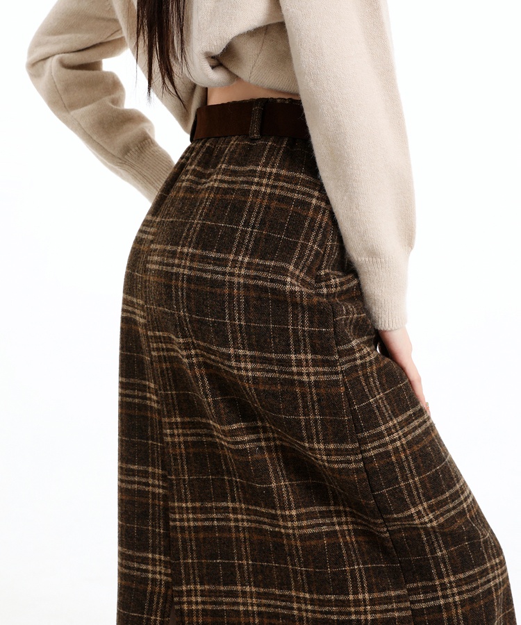 Plaid high waist long split slim skirt for women