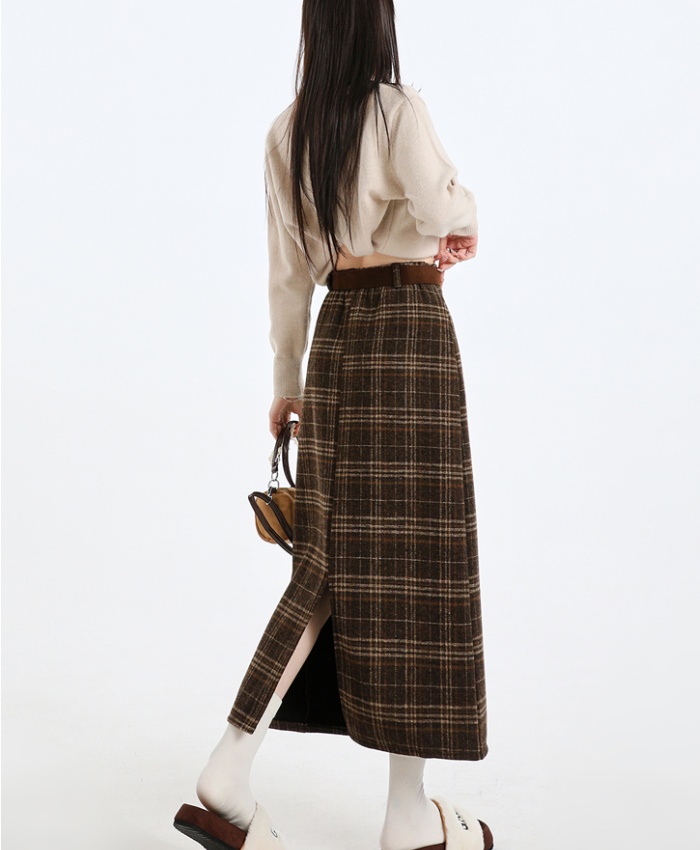 Plaid high waist long split slim skirt for women