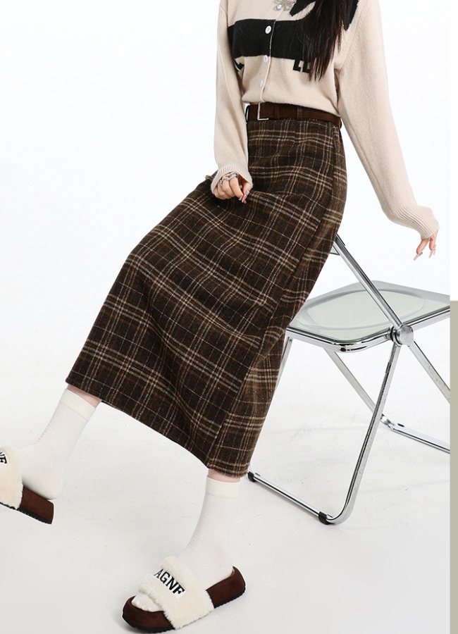 Plaid high waist long split slim skirt for women