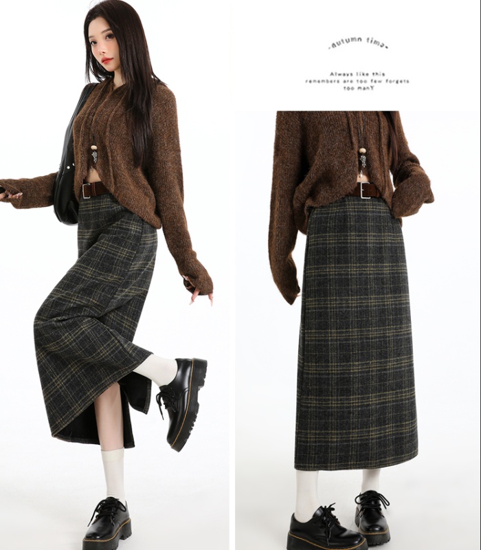 Plaid high waist long split slim skirt for women