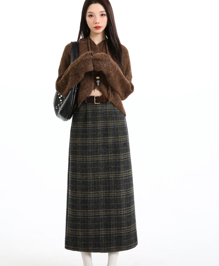 Plaid high waist long split slim skirt for women