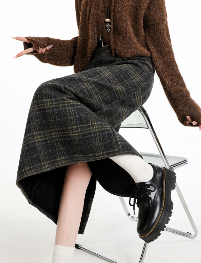 Plaid high waist long split slim skirt for women