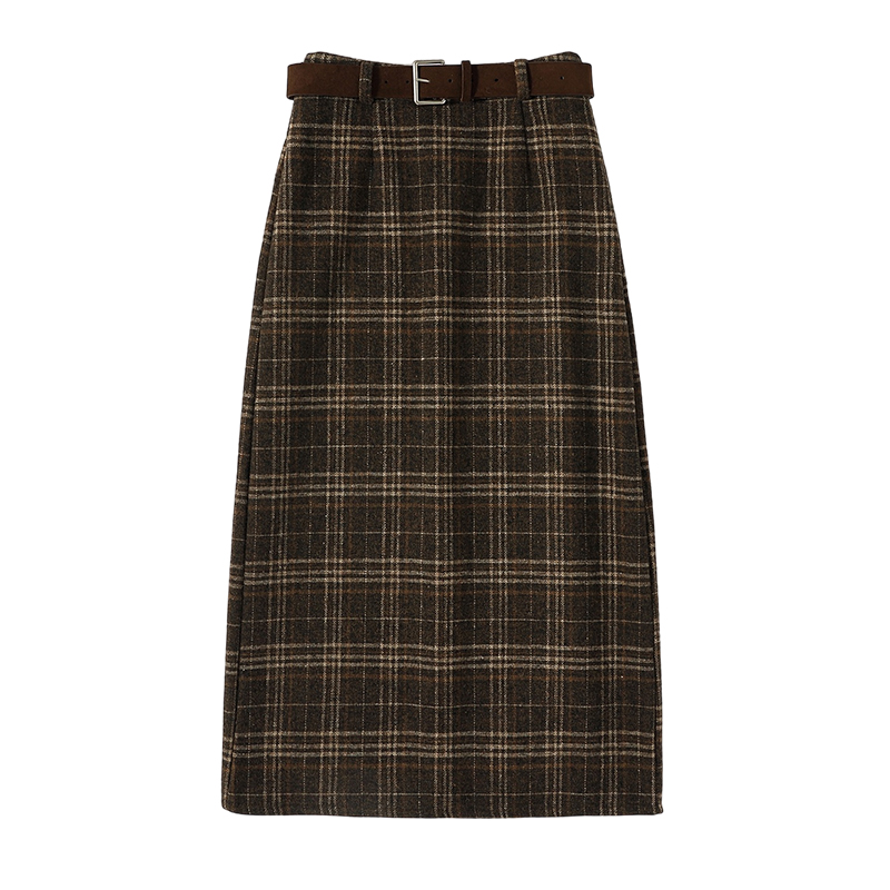 Plaid high waist long split slim skirt for women