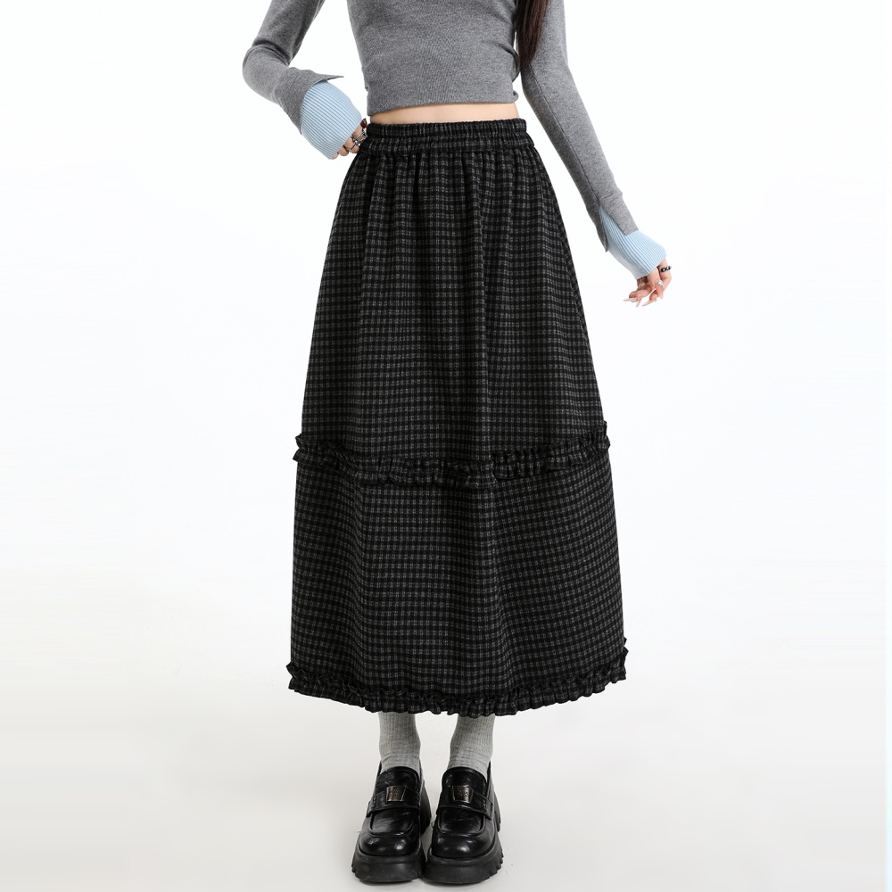 Bud plaid A-line long dress high waist woolen skirt for women