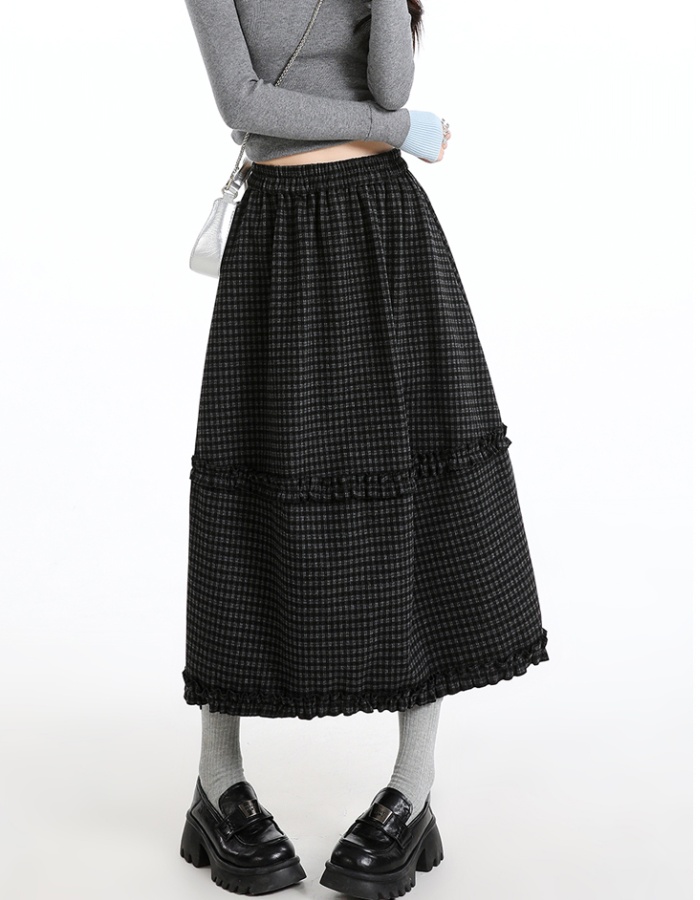 Bud plaid A-line long dress high waist woolen skirt for women