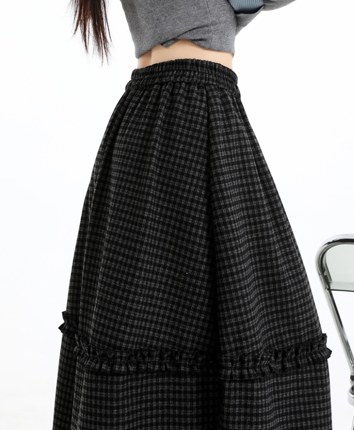 Bud plaid A-line long dress high waist woolen skirt for women