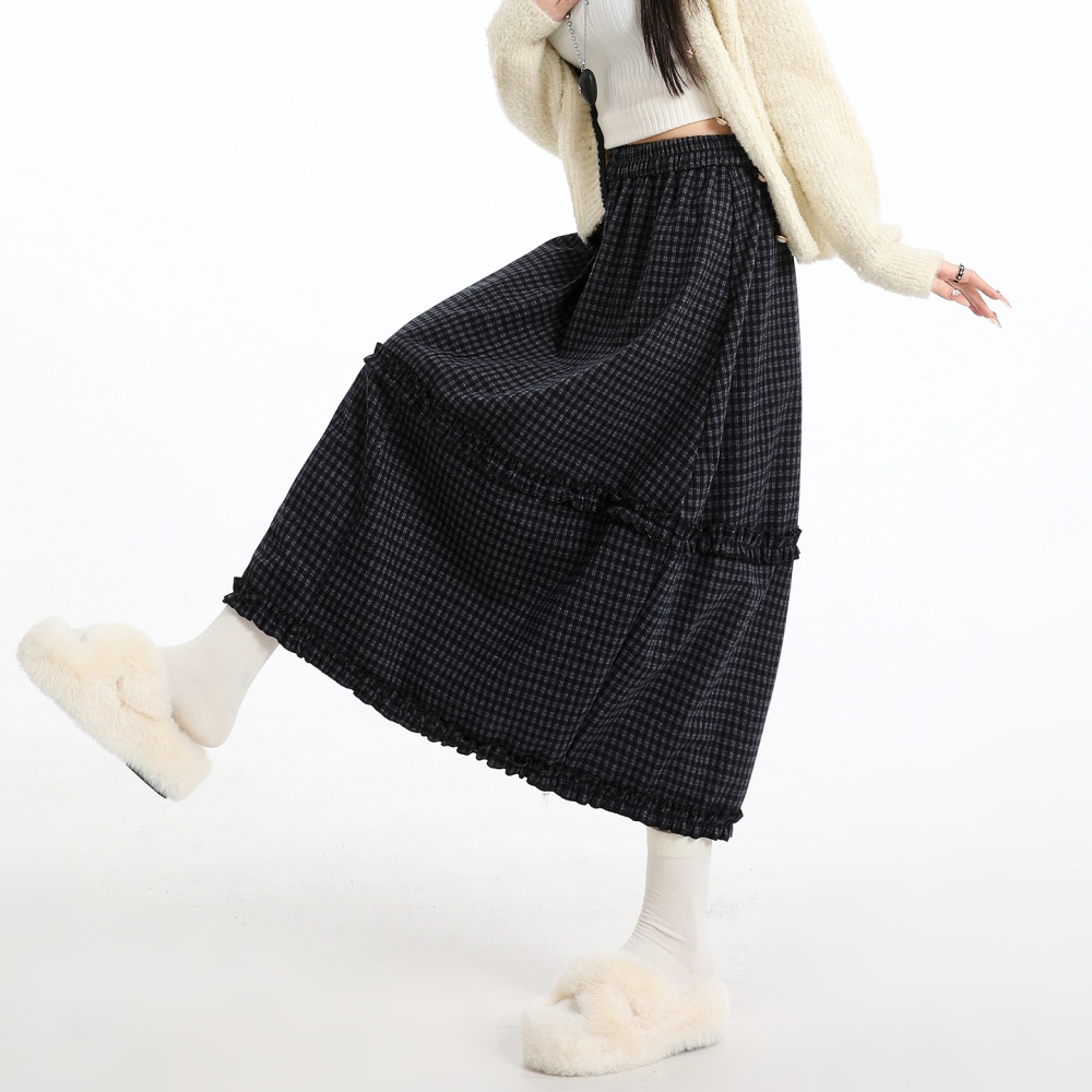 Bud plaid A-line long dress high waist woolen skirt for women