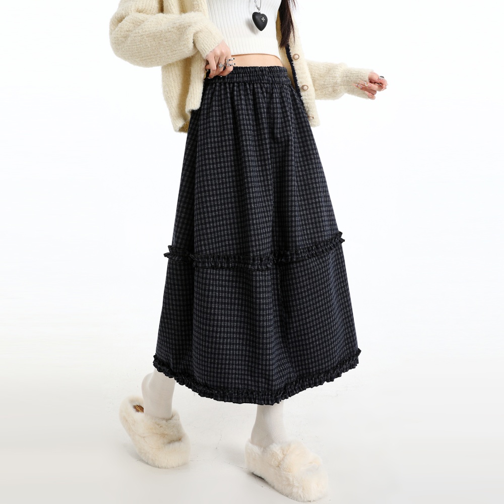 Bud plaid A-line long dress high waist woolen skirt for women
