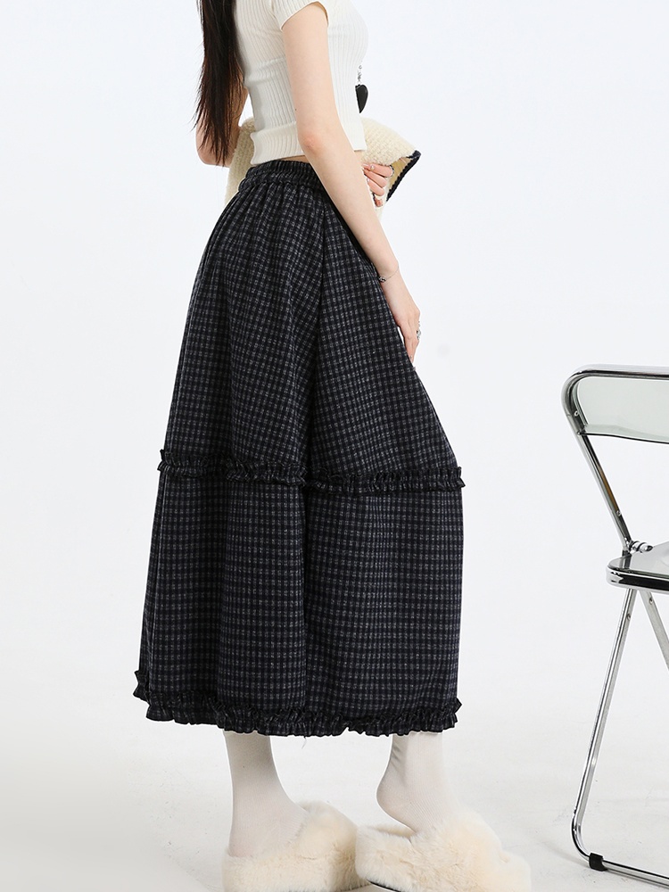 Bud plaid A-line long dress high waist woolen skirt for women