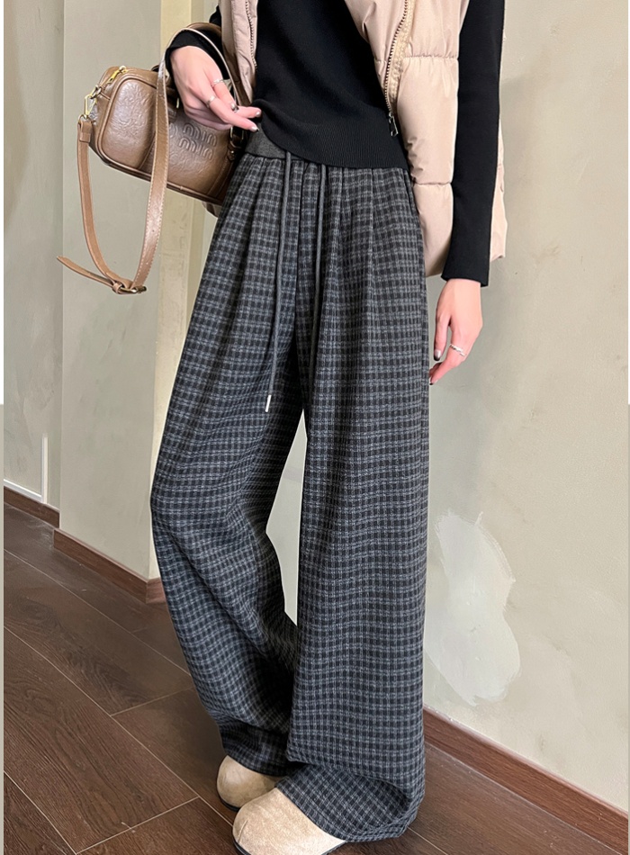 Winter plaid pants retro wide leg pants for women
