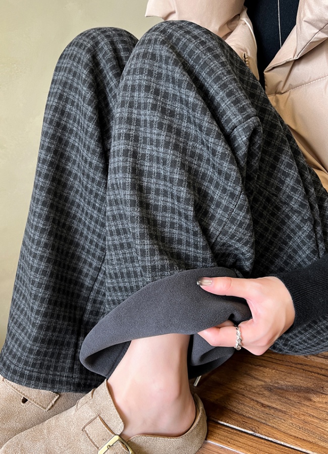 Winter plaid pants retro wide leg pants for women