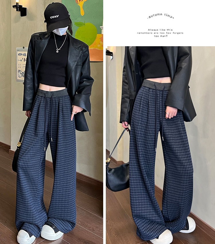 Winter plaid pants retro wide leg pants for women
