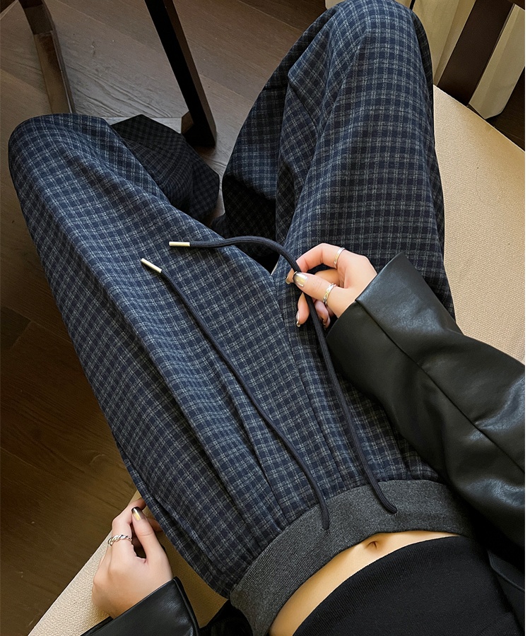 Winter plaid pants retro wide leg pants for women