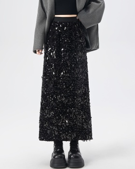 Sequins long package hip A-line glitter high waist split slim skirt