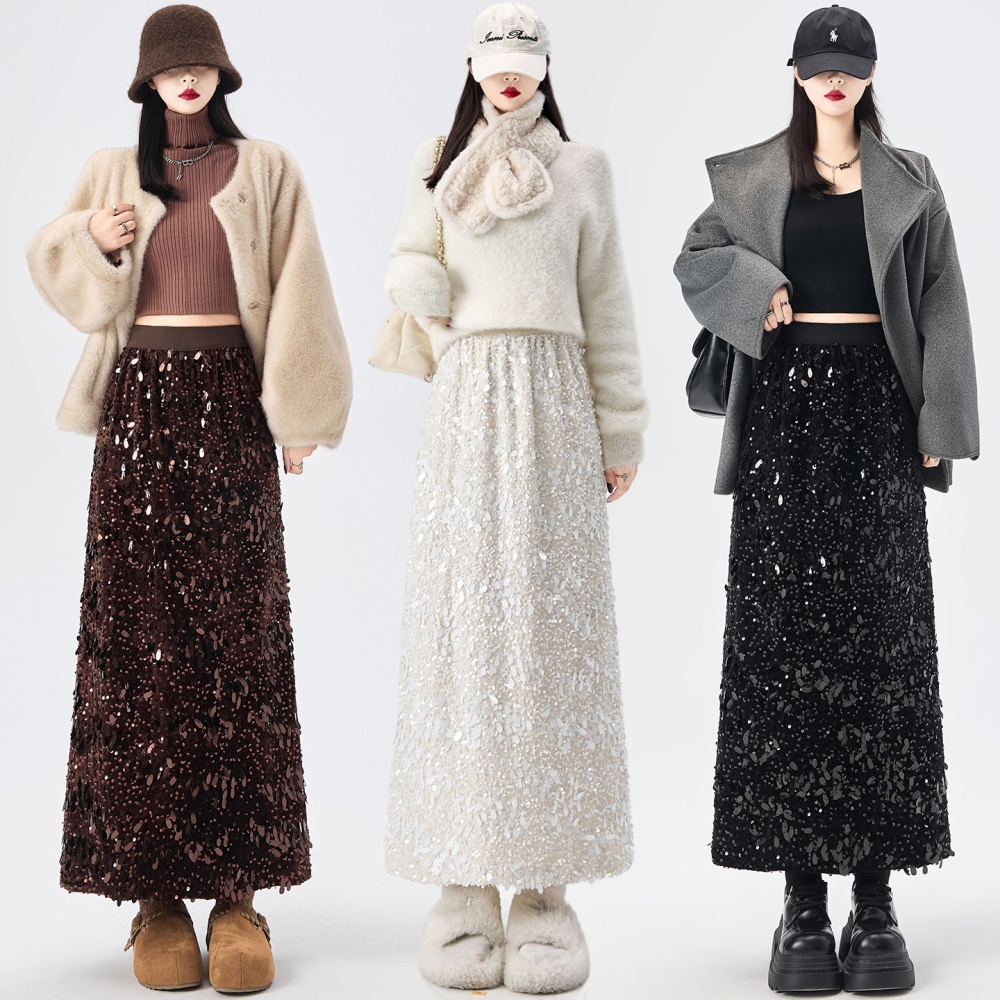 Sequins long package hip A-line glitter high waist split slim skirt