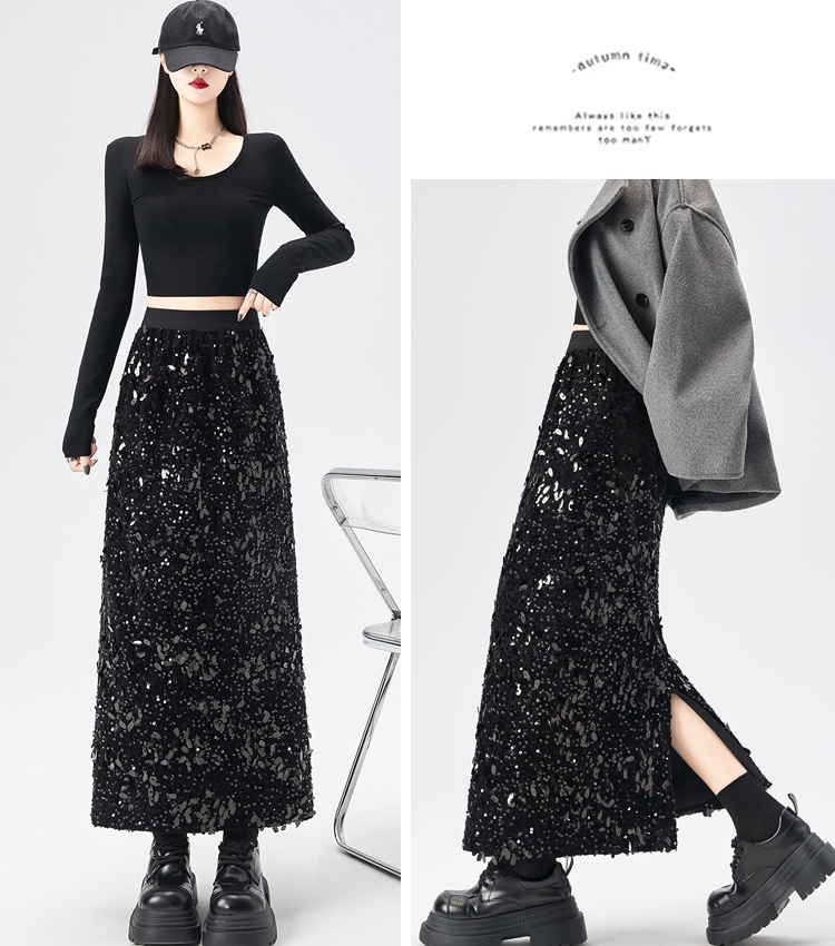 Sequins long package hip A-line glitter high waist split slim skirt