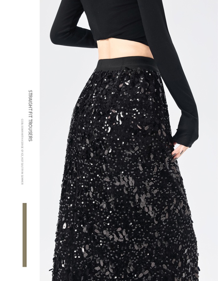 Sequins long package hip A-line glitter high waist split slim skirt