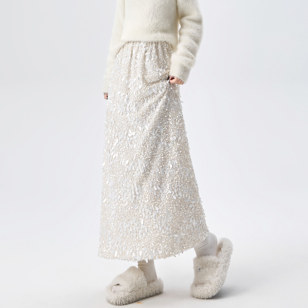 Sequins long package hip A-line glitter high waist split slim skirt