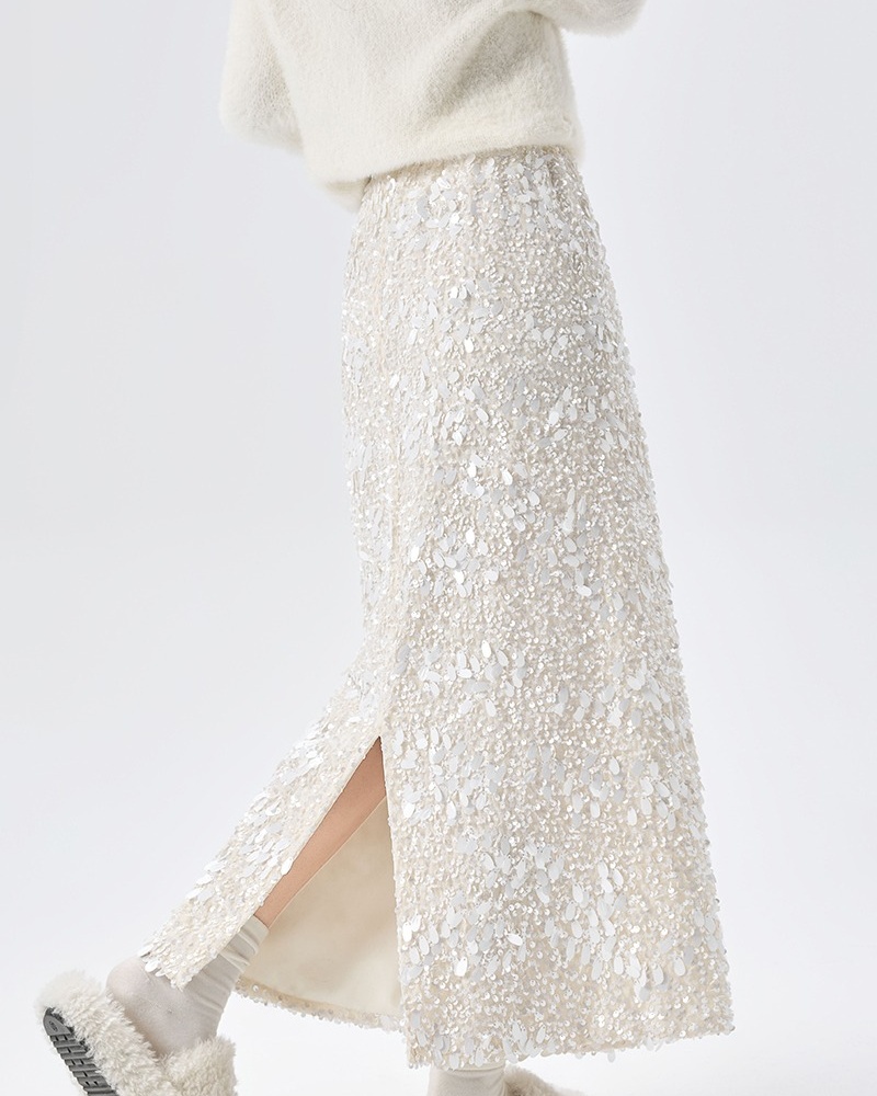 Sequins long package hip A-line glitter high waist split slim skirt