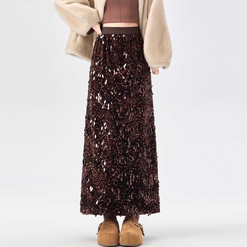 Sequins long package hip A-line glitter high waist split slim skirt