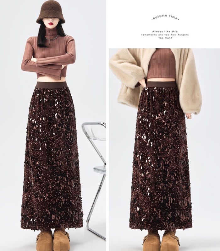 Sequins long package hip A-line glitter high waist split slim skirt