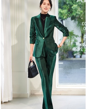 Slim golden velvet business suit a set for women