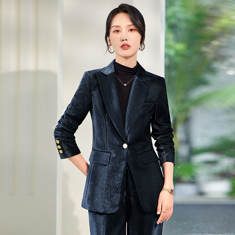 Slim golden velvet business suit a set for women