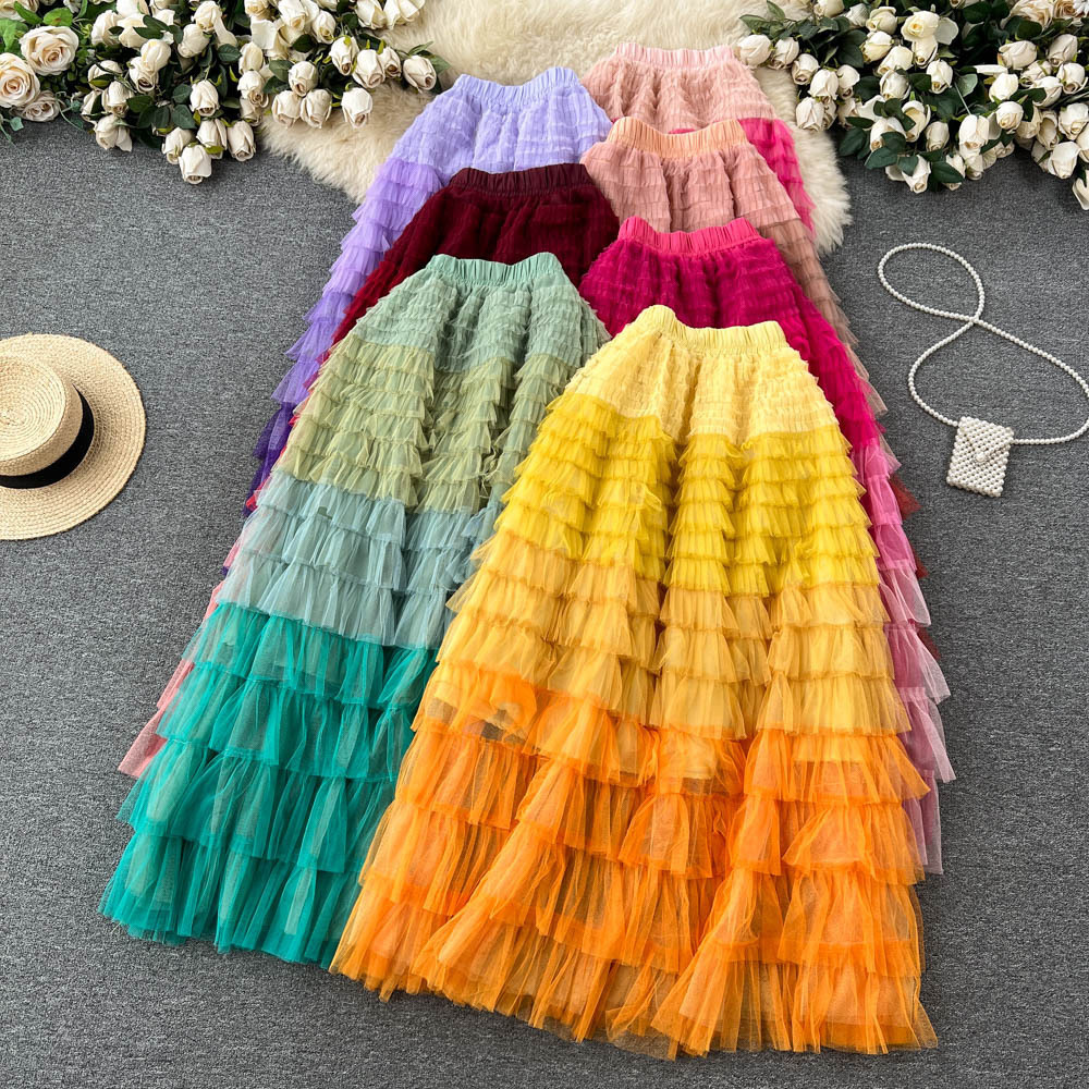 High waist slim A-line gauze skirt for women