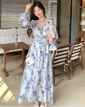 Printing Korean style dress pinched waist long dress