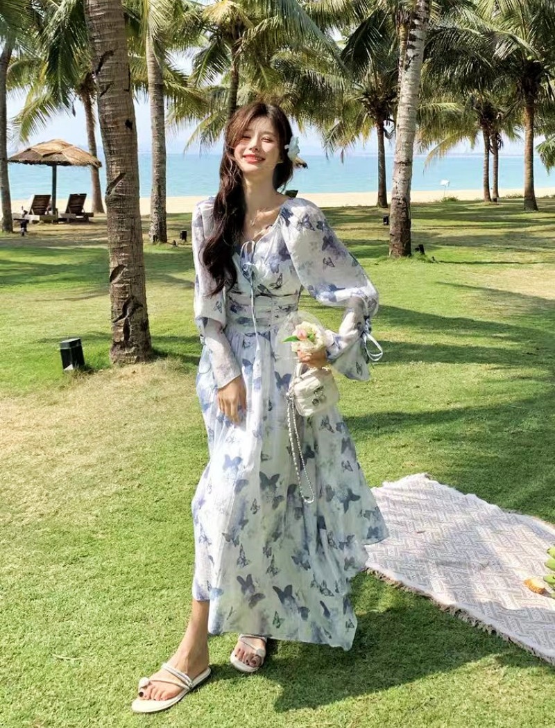 Printing Korean style dress pinched waist long dress