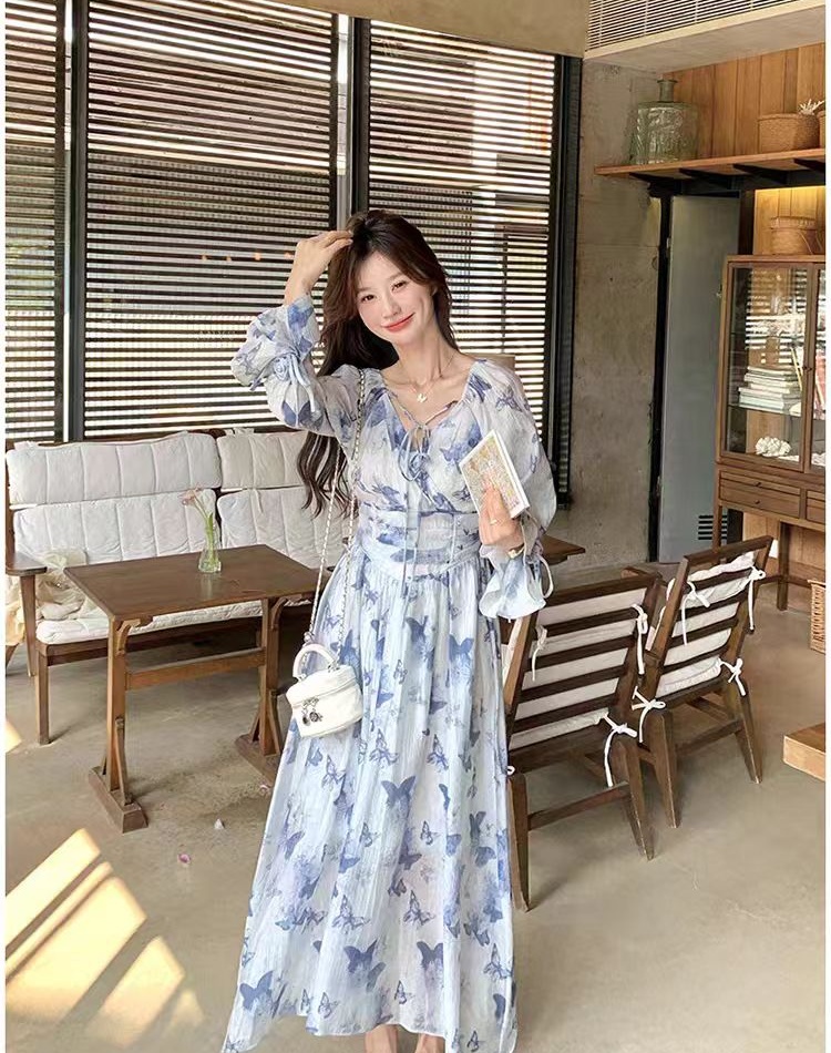 Printing Korean style dress pinched waist long dress