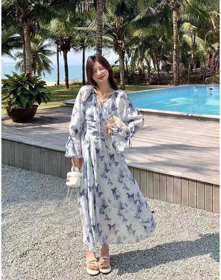 Printing Korean style dress pinched waist long dress