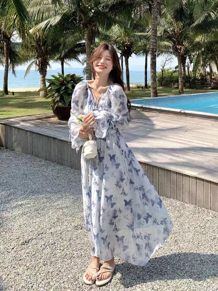 Printing Korean style dress pinched waist long dress