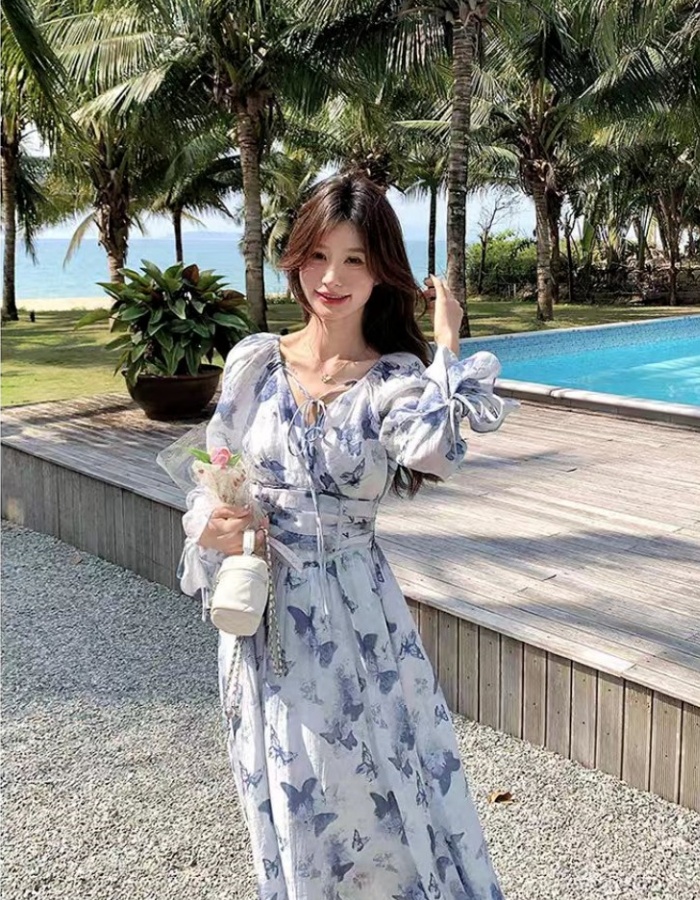 Printing Korean style dress pinched waist long dress