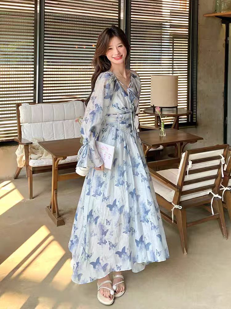 Printing Korean style dress pinched waist long dress