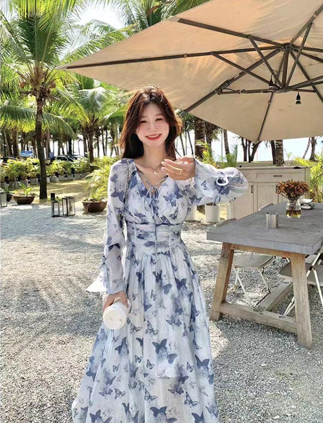 Printing Korean style dress pinched waist long dress