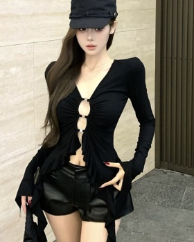 Hollow V-neck tops lotus leaf edges T-shirt