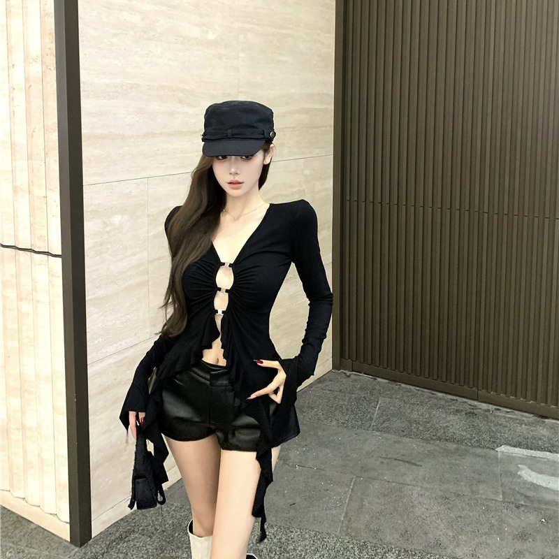 Hollow V-neck tops lotus leaf edges T-shirt