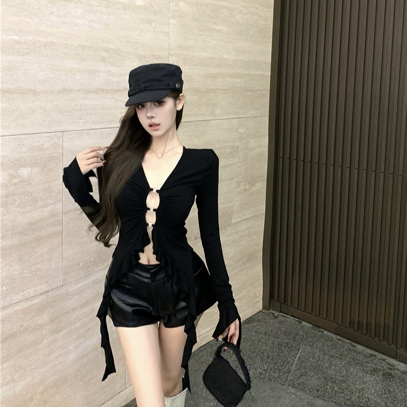 Hollow V-neck tops lotus leaf edges T-shirt