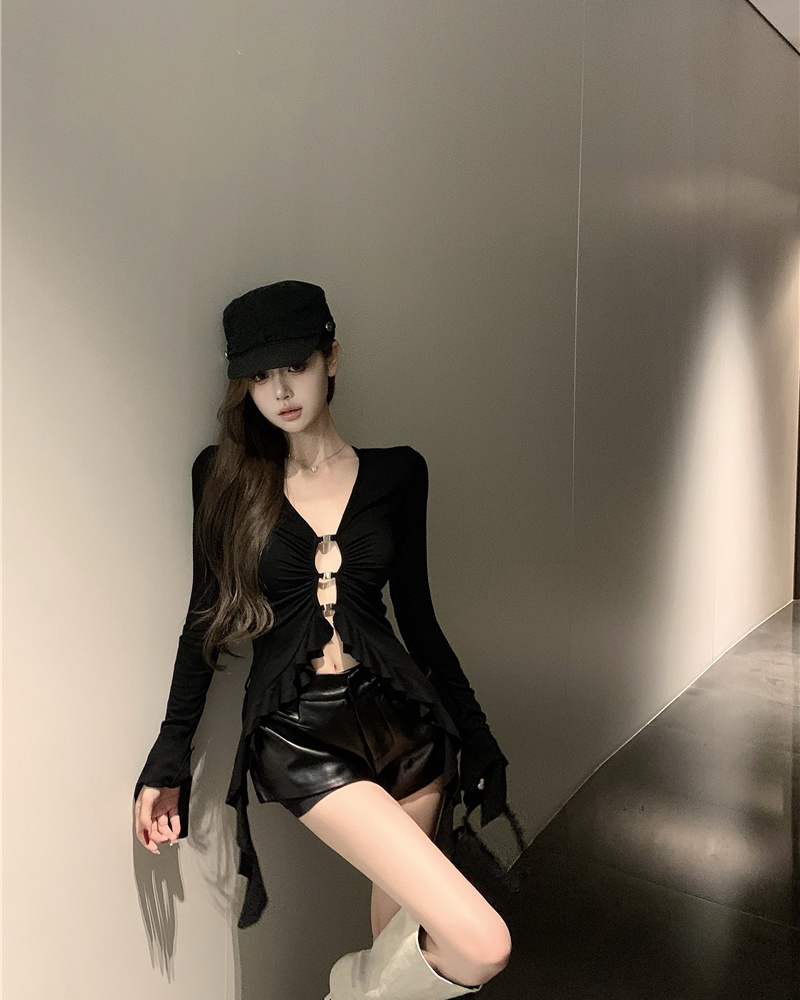 Hollow V-neck tops lotus leaf edges T-shirt