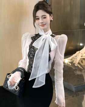 Lace temperament perspective grid polka dot shirt for women