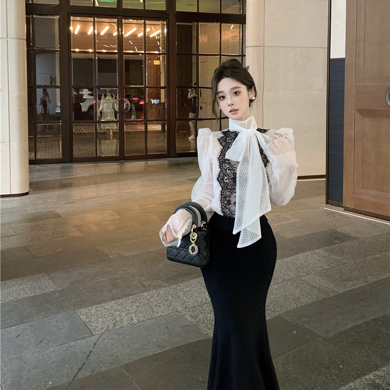 Lace temperament perspective grid polka dot shirt for women