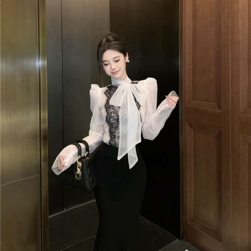 Lace temperament perspective grid polka dot shirt for women