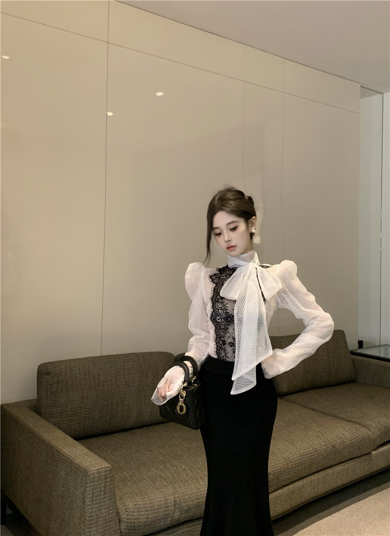 Lace temperament perspective grid polka dot shirt for women