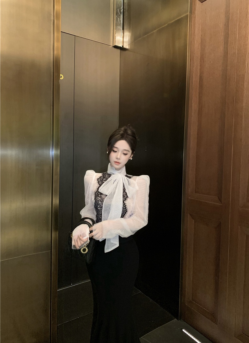 Lace temperament perspective grid polka dot shirt for women