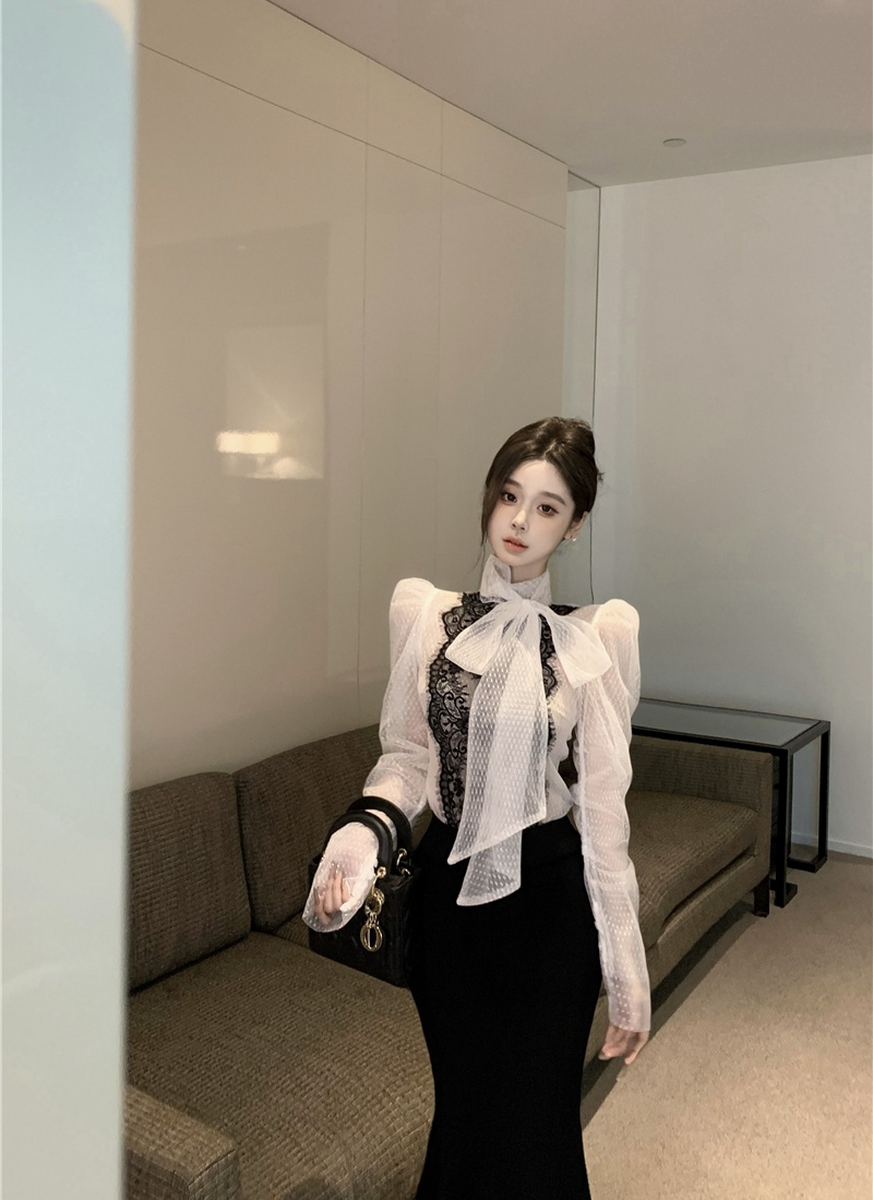 Lace temperament perspective grid polka dot shirt for women