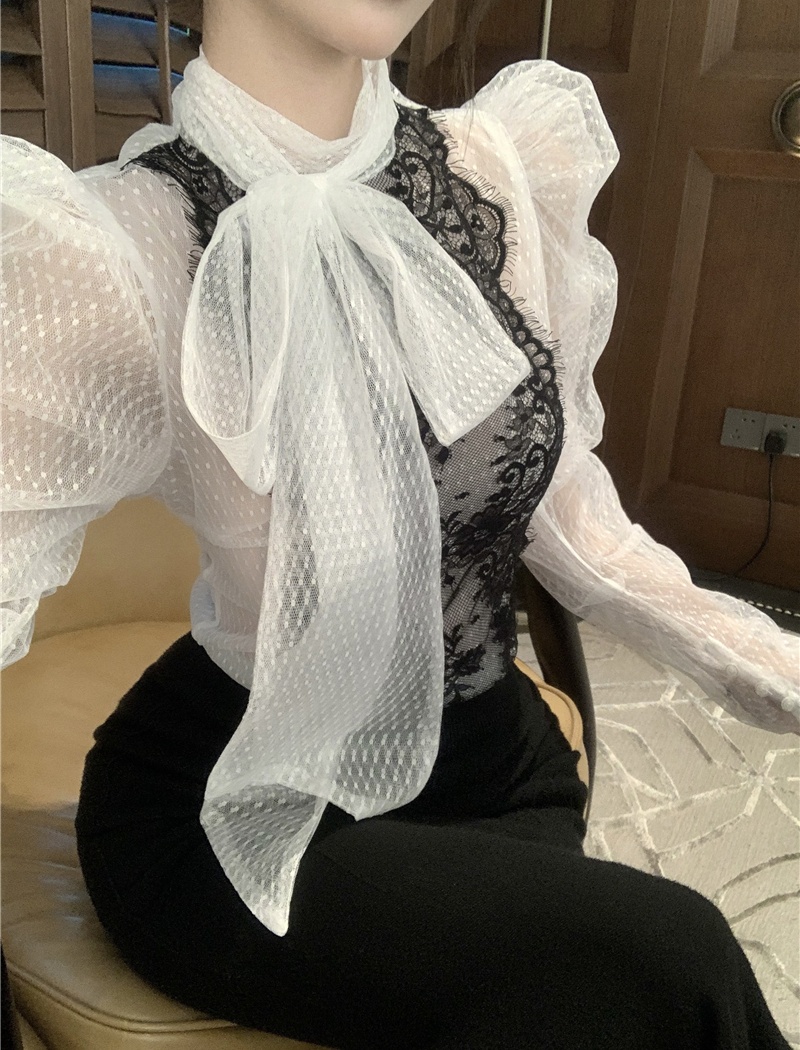 Lace temperament perspective grid polka dot shirt for women