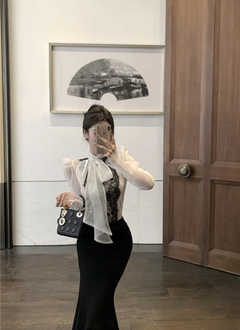 Lace temperament perspective grid polka dot shirt for women