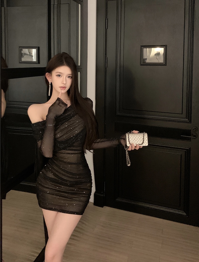 Fold irregular package hip chiffon long sleeve dress