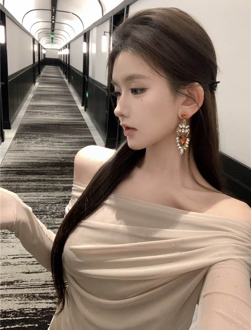 Fold irregular package hip chiffon long sleeve dress